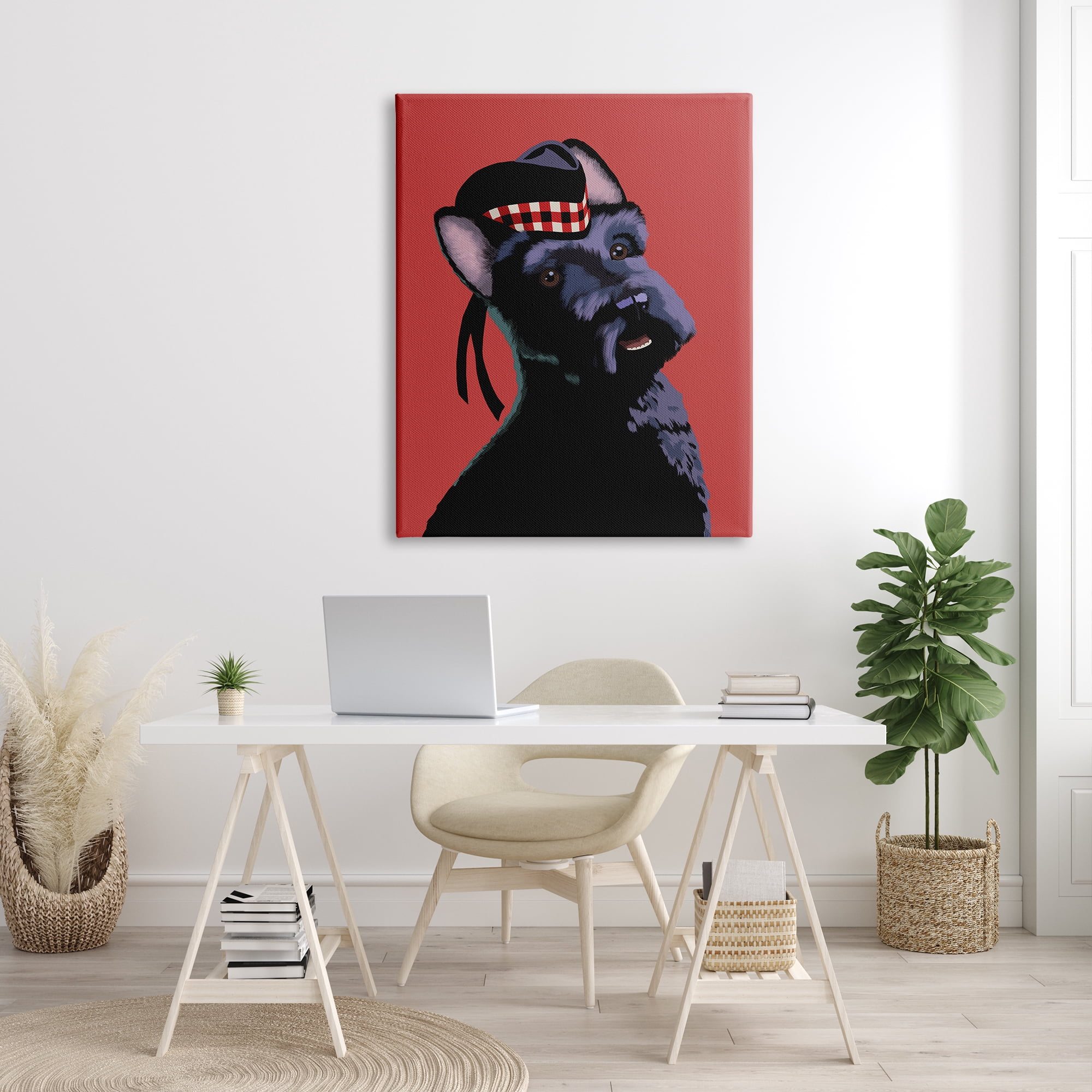 Stupell Industries Smiling Scottish Terrier in Red Plaid Hat Country Painting Gallery-Wrapped Canvas Print Wall Art, 36 x 48, Design by Sally Springer Griffith