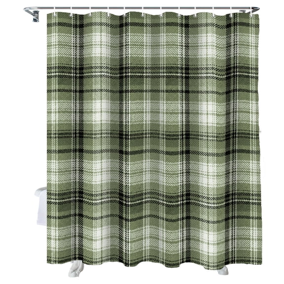 Shower Curtain Green Checked Plaid Bathroom Curtains with Hooks, Waterproof Fabric Stripes Woven Grid Bath Shower Curtains Set for Bathroom Bathtubs Decor 36x72 Inch