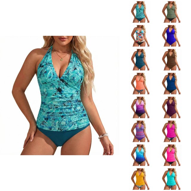Womens Tankini Swimsuits Fashion Deep V Neck Slimming Tummy Control with High Waisted Bottom Two Piece Bathing Suits Woman
