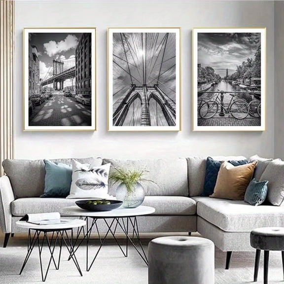 (Canvas Poster Unframes 3pcs/1pc 1Set Art Canvas Painting Amsterdam Views New York Brooklyn Bridge Posters And Prints Black White Wall Pictures for Living Room Decor