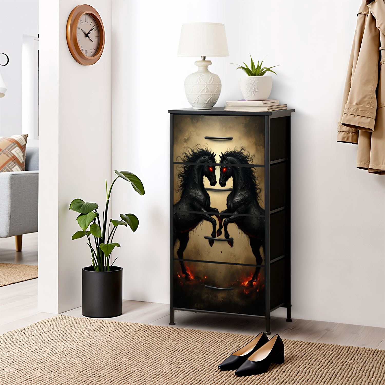 Gothic Dresser for Bedroom with 4 Storage Drawers Dark Fantasy Black Horses Fiery Accents Red Eyes Dressers Chest of Drawers Steel Framed Fabric Closet Organizers for Dorm Entryway