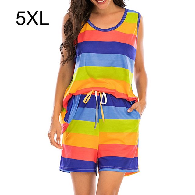 Qarigey - Traje de dormir sin mangas con cuello y estampado de rayas de bloque de color para mujer de piezas Pijama Azul 5XL Qarigey AP002027-32