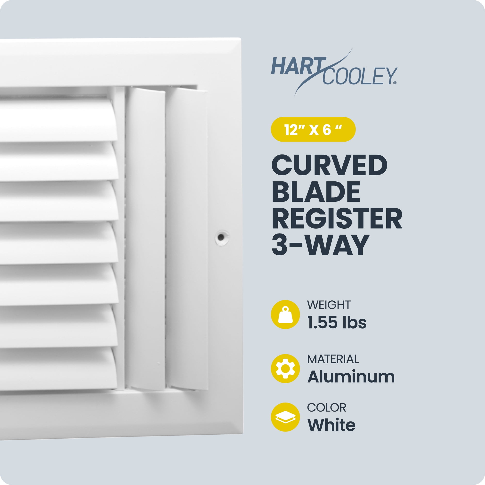 Hart & Cooley 12" x 6" Aluminum Curved Blade Register, Multi-Shutter Damper, 3-Way, White