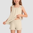 thumbnail image 2 of Faraee Girls 2 Piece Summer Shorts Sets Ruffle Sleeveless Tee Tops Elastic Waist Shorts Toddler Cotton Loose Outfit Clothes 5t 6t 7t 5-16 Years Beige, 2 of 7