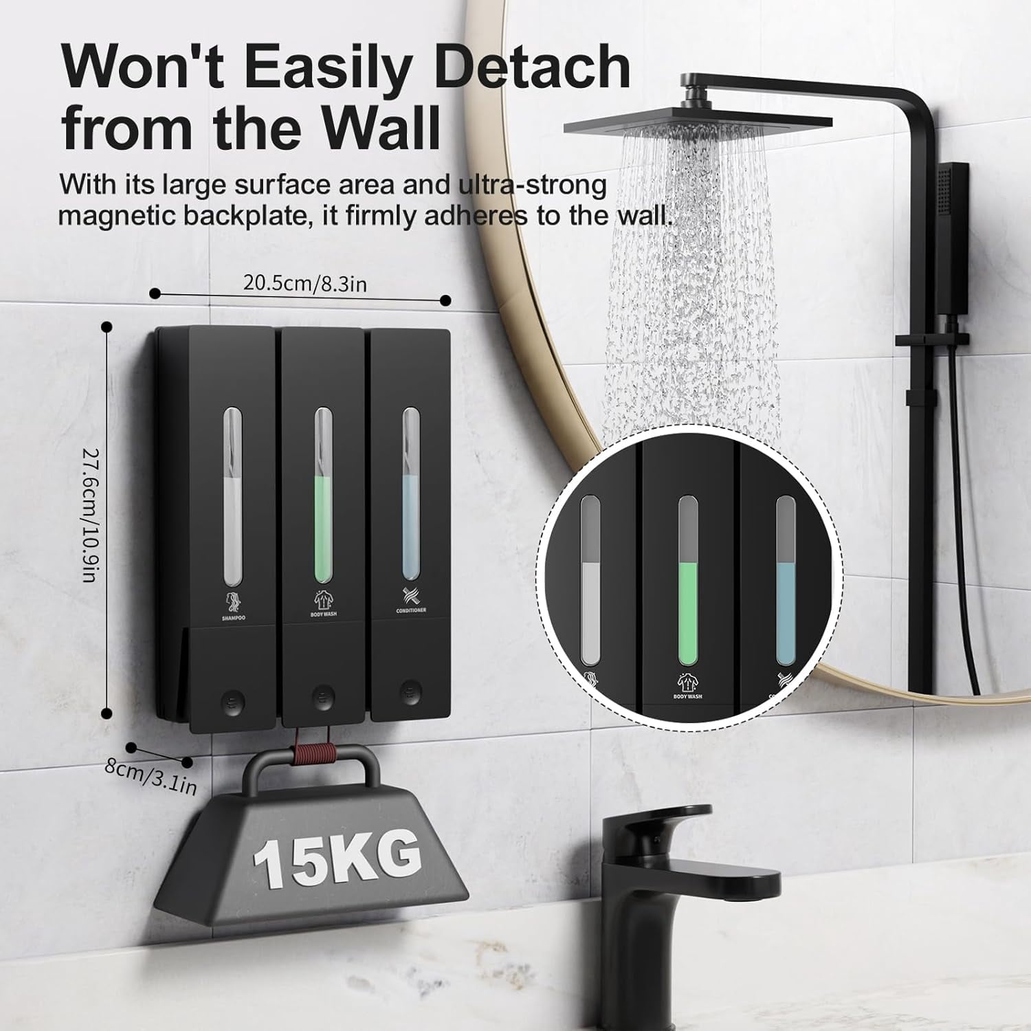 Shampoo and Conditioner Dispenser - Wall-Mounted 3-Chamber Shower Soap Dispenser, No-Drill, 1200ML Capacity, for Bathroom & Hotel