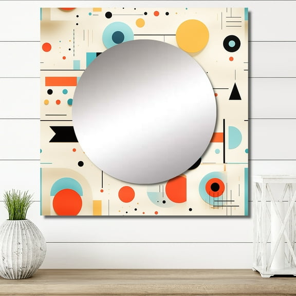 Designart "Melodic Spheres In Retro Geometric Triangles" 0 Square Mirror For Wall Decor - Large Blue Square Mirror Printed Wall Decor - Vintage Square Living Room Mirror