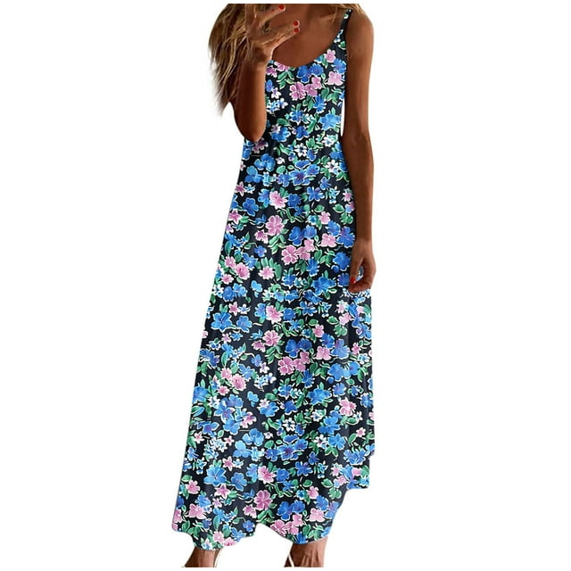 Staron Robes d'Été pour Femmes en Liquidation à Moins de 10 $ Boho Floral Printemps Ample Col en V Robe Maxi Mode Décontractée Longue Fluide à Bretelles Spaghetti Robe de Plage