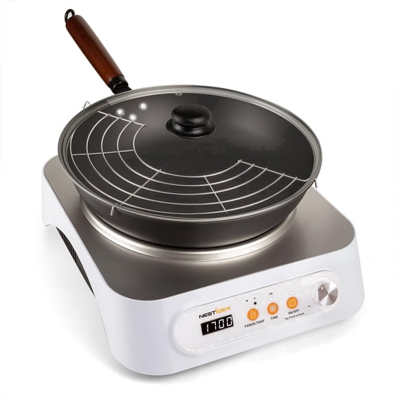 1700W 85V~120V Induction Cooktop Concave Wok Burner Portable Electric Stove Countertop Heater With 13-inch Carbon Steel Wok With 24 Hours Timer Cooker