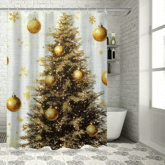 Patifu Christmas Tree Balls Gold Washable Shower Curtain Set 100% Polyester Fiber Bathroom Curtain with Hooks 36"x72