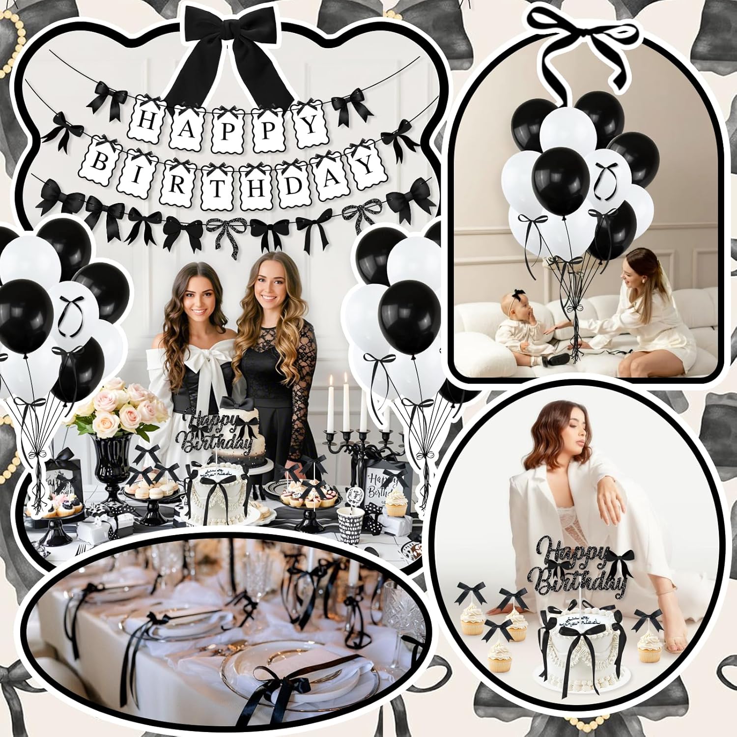 Black Bow Birthday Party Decorations, Bows Happy Birthday Banner Garland, Ribbon Bow Cake & Cupcake Toppers, Black White Balloons and Satin Ribbon for Women Girls Bows Party Decor