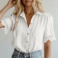 thumbnail image 2 of fheaev Button Up Shirts for Women Solid Color Lapel Lace Short Sleeve Work Tops Summer Outfits White 2XL, 2 of 7