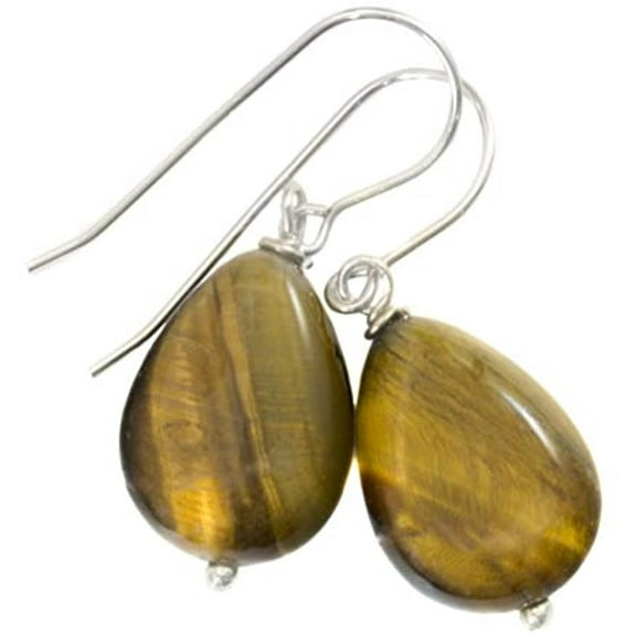 Sterling Silver Tiger's Eye Earrings Smooth Heart Shaped Cut Golden Striped Briolette Drops