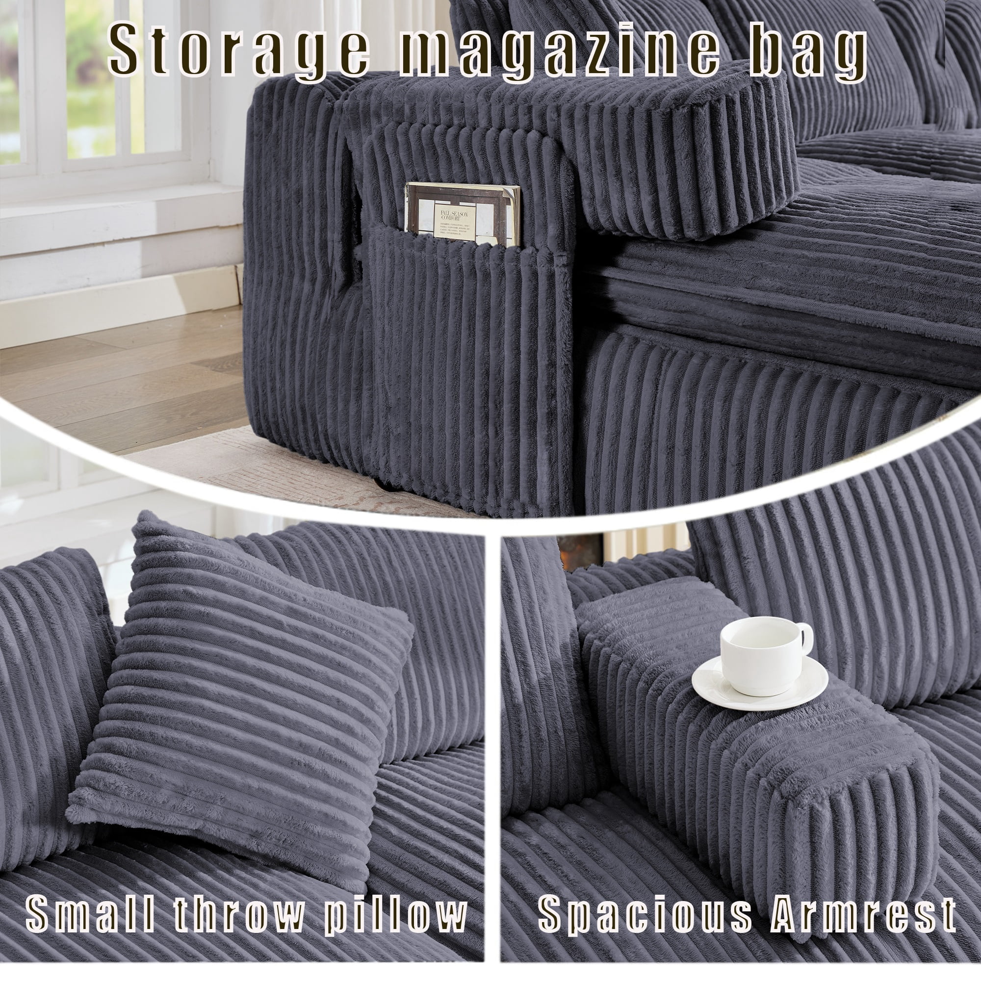Howcool 149"W Oversized Modular Sectional Sofa,7-in-1 Corduroy U Shaped Sofa Couch with Double Chaise Lounge,Convertible Sleeper Sofa Bed,Deep Seat Cloud Couch for Living Room,Dark Gray