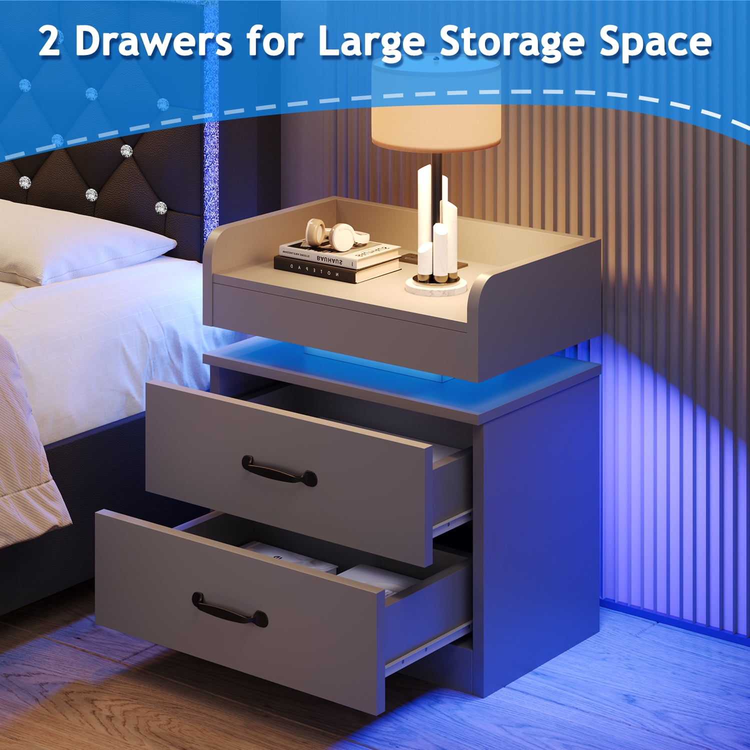 4 EVER WINNER Nightstand with Charging Station, LED Night Stand with 2 Drawers, Modern Beside End Table Side Table for Bedroom Living, Gray