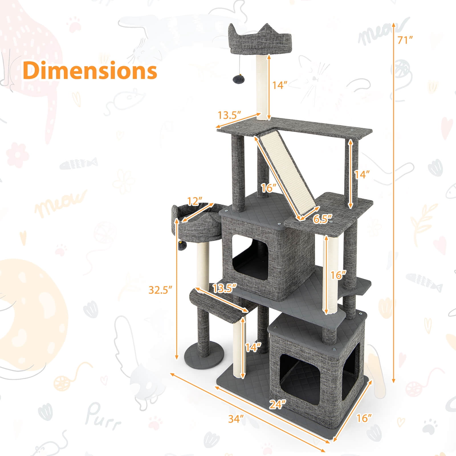 Infans 71" Tall Cat Tree for Indoor Cats Modern Multi-Level Cat Tower Activity Center
