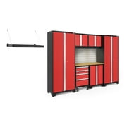 NewAge Products Bold Series Red 8 Piece Cabinet Set, Heavy Duty 24-Gauge Steel Garage Storage System, LED Lights / Slatwall / Wall Mounted Shelf Included