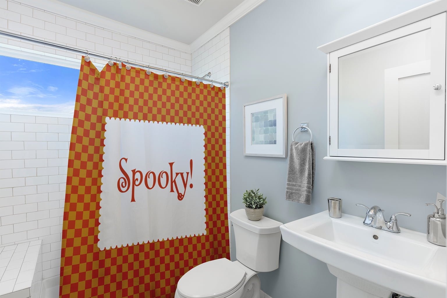 Simply Daisy 70" W x 73" L Halloween Spooky Checks Polyester Shower Curtain, Rust [1 Ct]