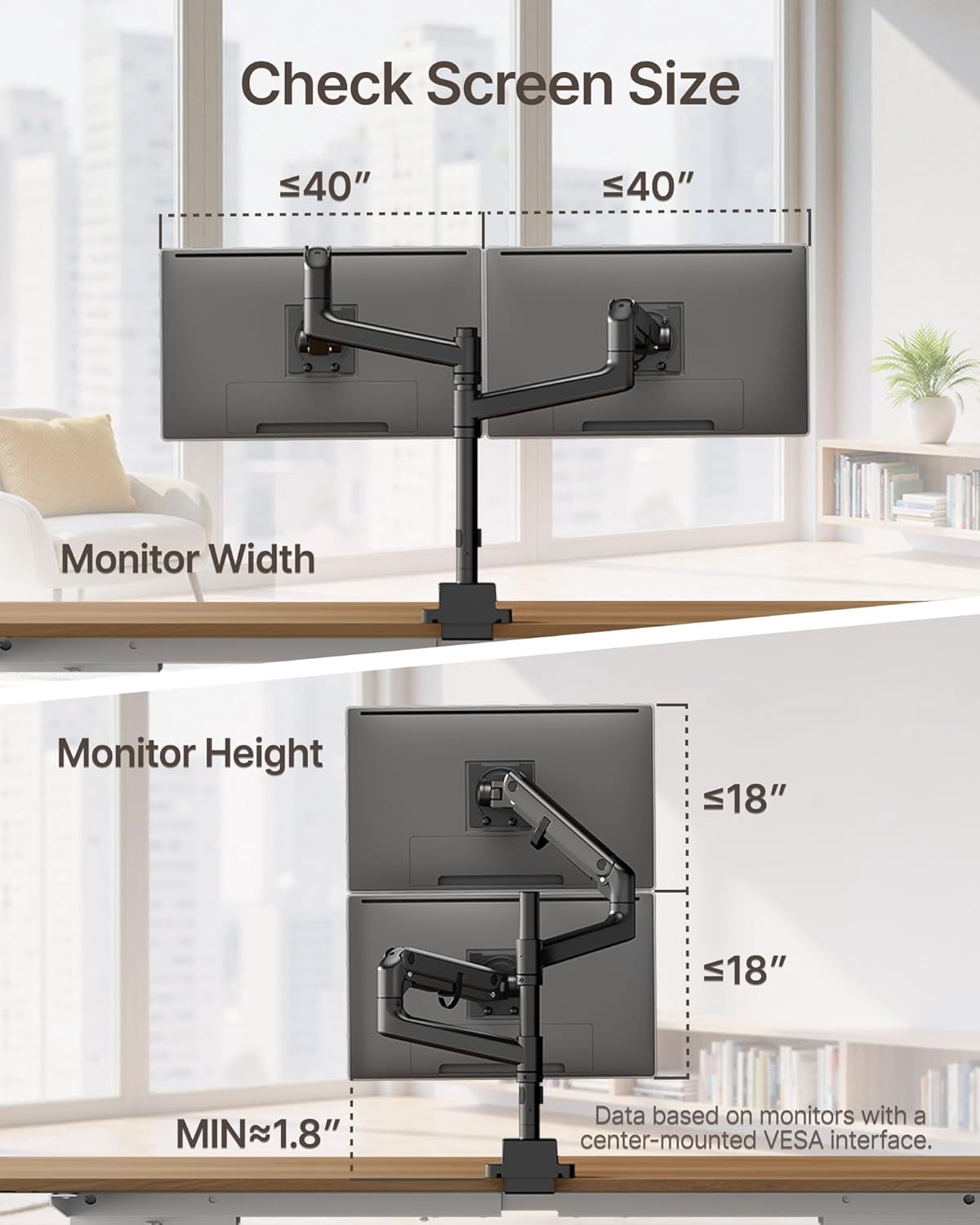 monTEK Dual Monitor Arm for 17–57 in Ultrawide Screens, Heavy Duty Gas Spring Desk Mount Holds 59.4 lb per Screen, Vertical Stackable Adjustable Stand, VESA 75x75/100x100, Clamp & Grommet, Black