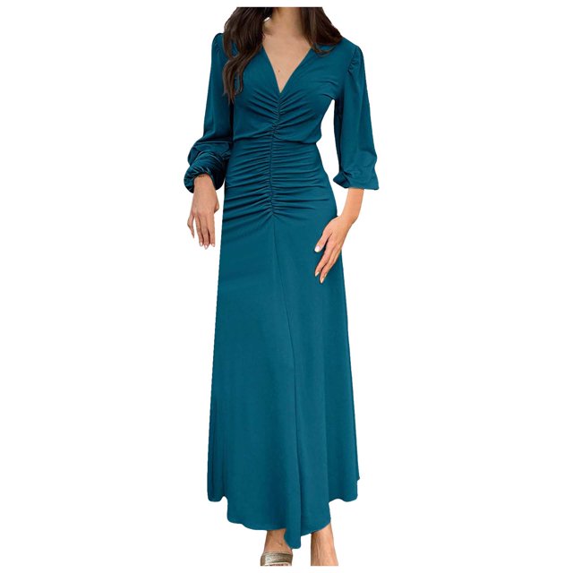 DAFEI Robe Longue à Manches Longues pour Invitées de Mariage pour Femmes, Col en V, Taille, Robe Maxi de Fête, Robe Longue Élégante pour Femmes, Asymétrique Froncée, Robe Moulante