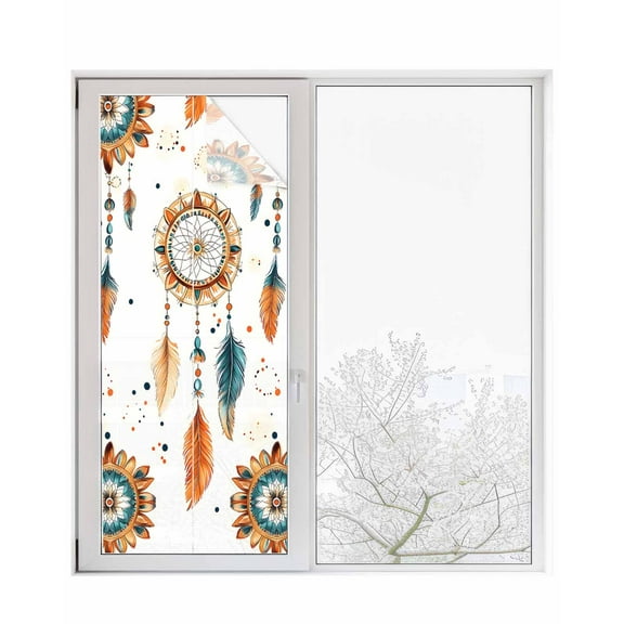 Window Privacy Film Boho Geometric Stained Glass Window Film Decorative Sun Block Window Cover Ethnic Feathers Patterns Retro Farmhouse Window Clings Static Adhesive Sticker for Bathroom 23.6"x59"