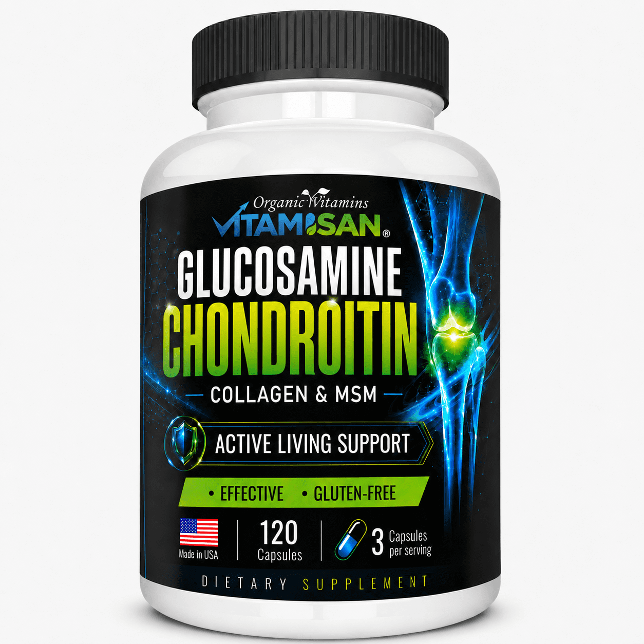 Vitamisan Glucosamine Chondroitin Collagen MSM Turmeric Dietary Supplement, 120 Capsules