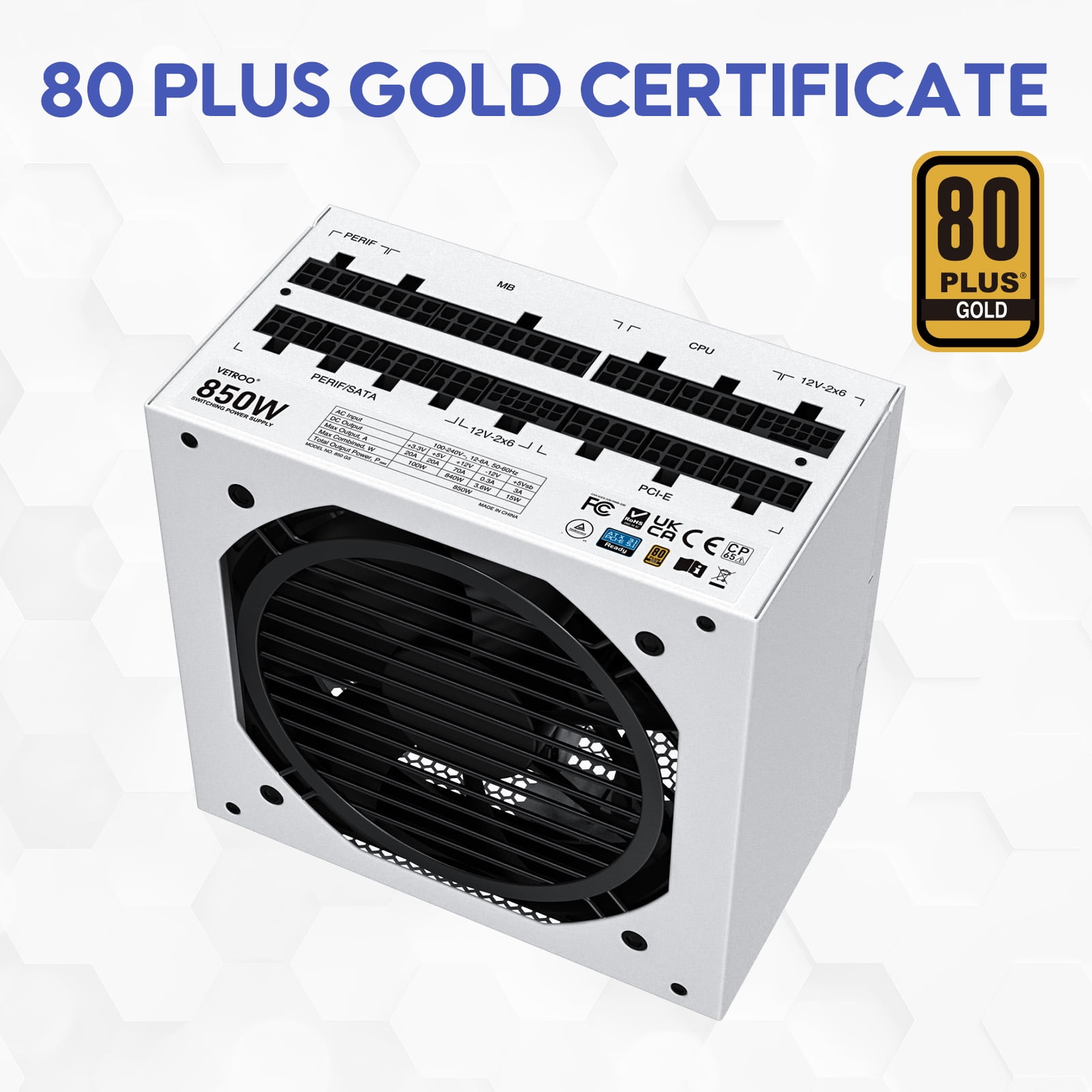 Vetroo 850W Power Supply Dual PCIe 5.1 ATX 3.1 Ready, 80 Plus Gold Full Modular, Quiet Operation with 120mm FDB Fan, 10-Year Warranty - White
