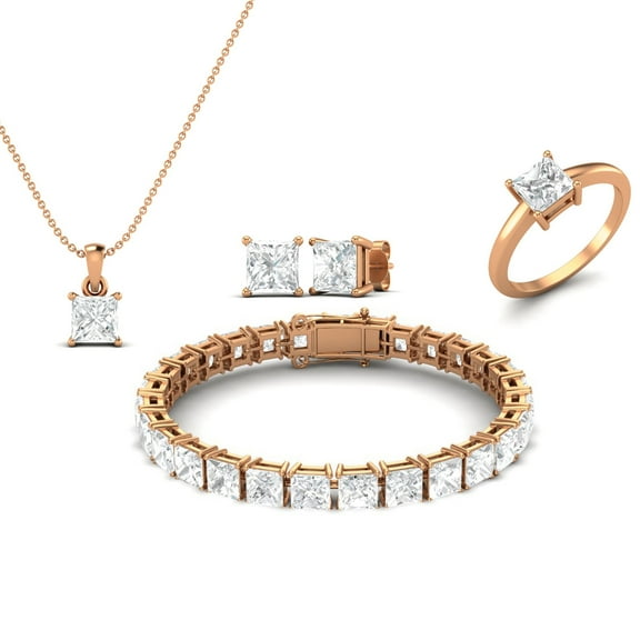 22 Carat Moissanite Diamond E Color VS1 Clarity Brilliant Cut 925 Silver Rose Plated Square Halo Necklace Set Earrings Ring and Bracelet Set