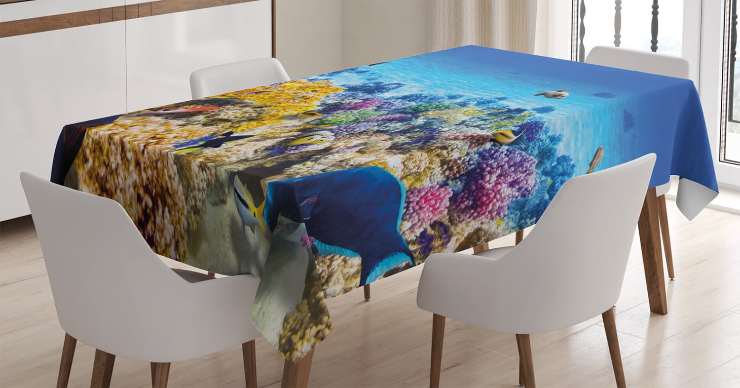 Ocean Decor Tablecloth, Underwater Sea World Scene with Goldfish ...