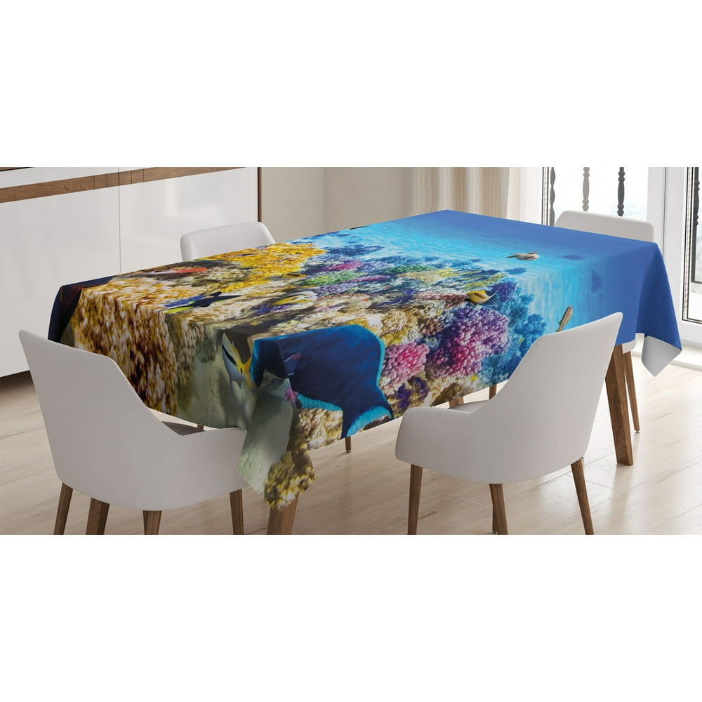 Ocean Decor Tablecloth, Underwater Sea World Scene with Goldfish