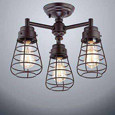 Dazhuan Vintage Metal Cage 3 Lights Chandelier Semi Flush Mount