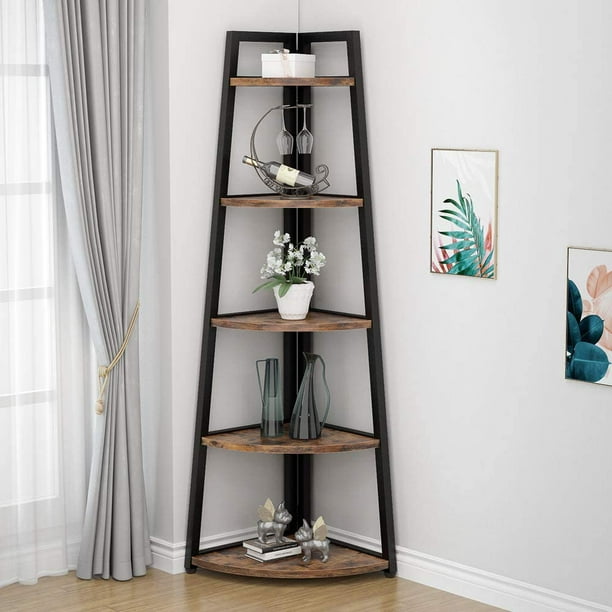 70 Inch Tall Corner Shelf 5 Tier, Stairway Black Wall Mounted Bookcase 72 5 Height