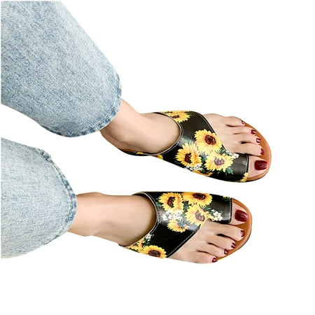 

Egmy Women Independence Day Sunflower Printing Slope Heel Flat Toe Shoes Sandals