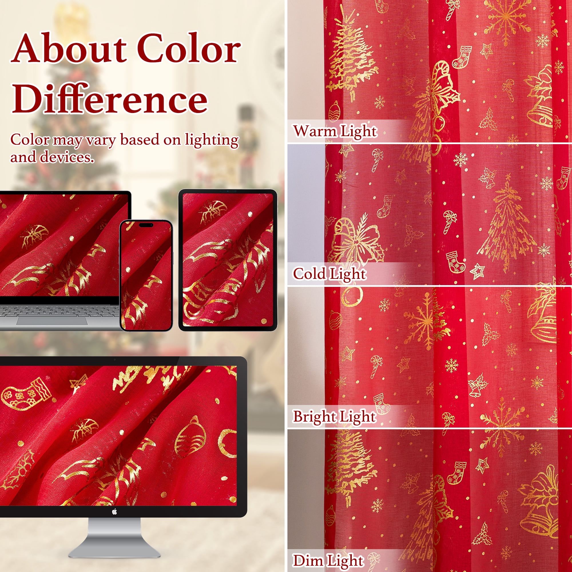NICETOWN Christmas Sheer Curtains for Living Room, Red Grommet Curtains for Bedroom Window Drapes for Home Decor, W52 x L84, 2 Panels