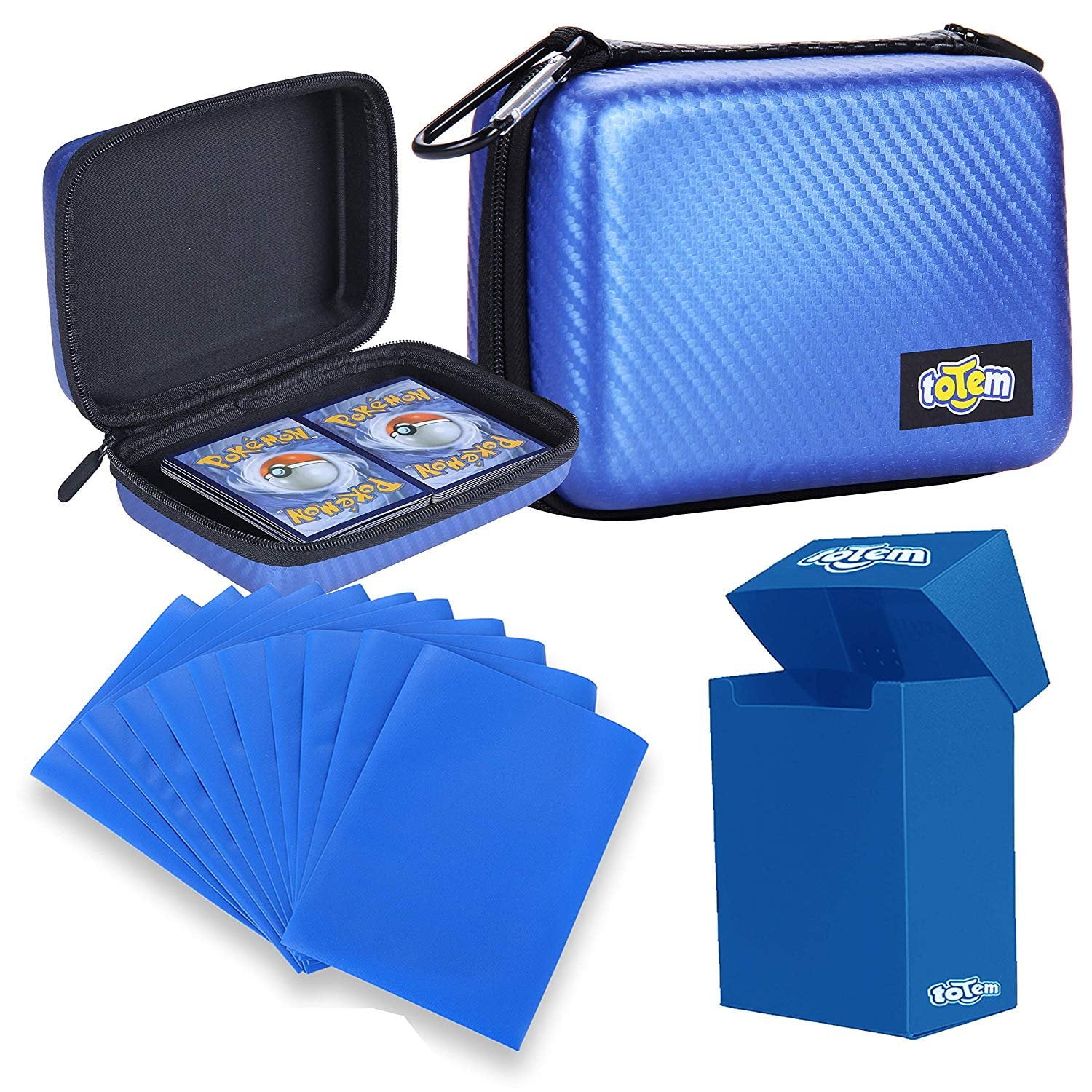 Totem World Card Case with Deck Box Protector and 100 Card Sleeves - Compatible with Pokemon, Yu-Gi-Oh, and Magic The Gathering Cards - Kid Safe Zipper Carrying Organizer - 500 Card Holder (Blue)