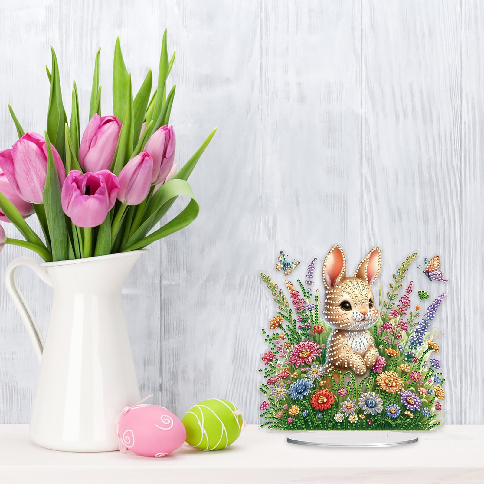 FLOPESN DIY Diamond Art Painting Easter Bunny Ornament Kits with Oval Base, Single-Sided Diamond Painting PET Craft for Home Decor