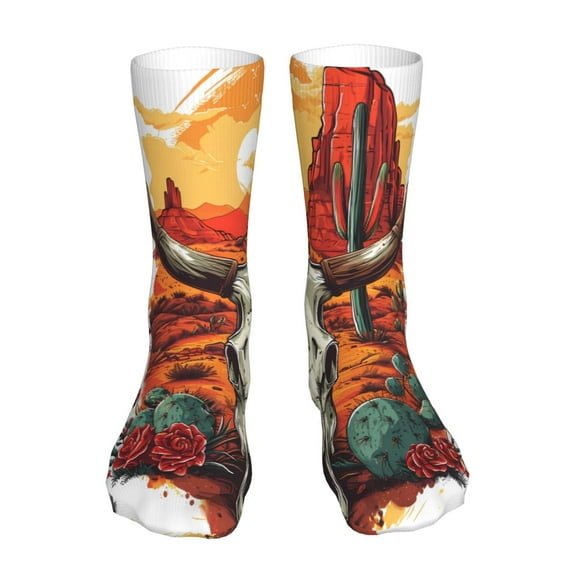 Easygdp Western Desert Cactus Ram Skull Ankle Socks for Women Stocking Mid Calf Socks Ultra Stretchy for Boots Sneakers Loafer
