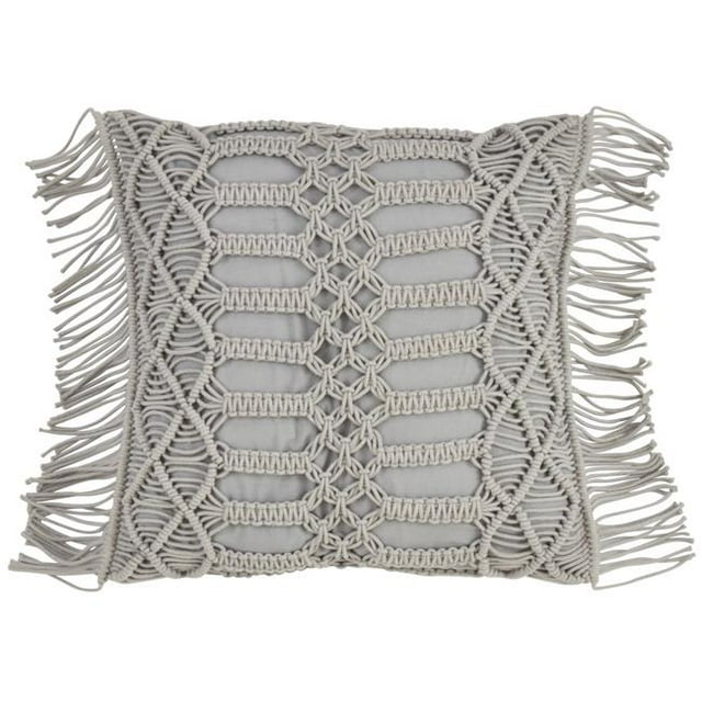 SARO 5379.GY18S 18 in. Square Cotton Throw Pillow with Macrame Design & Down Filling - Grey