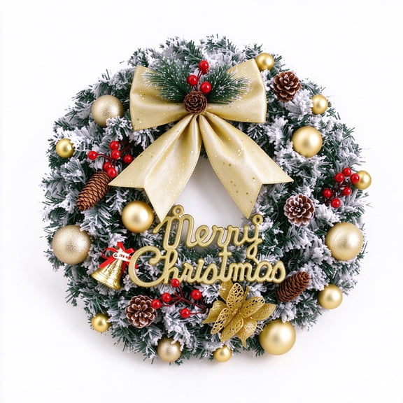 JOUALY 20 Inch Flocked Snow Christmas Wreath for Front Door, Frosted Pine Holiday Wreath with Gold Glitter Bow, Pine Cones & Red Berries, Indoor Outdoor Farmhouse Xmas Thanksgiving Decor