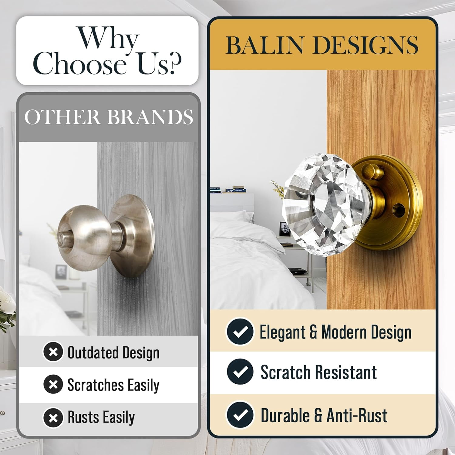 Balin Designs Crystal Doorknobs (Antique Crysta Clear) - Decorative Hardware Interior and Exterior Keyless Privacy Door Lock for Bathroom, Bedroom, or Other Doors, Antique Brass Gold Bronze (1 Pack)