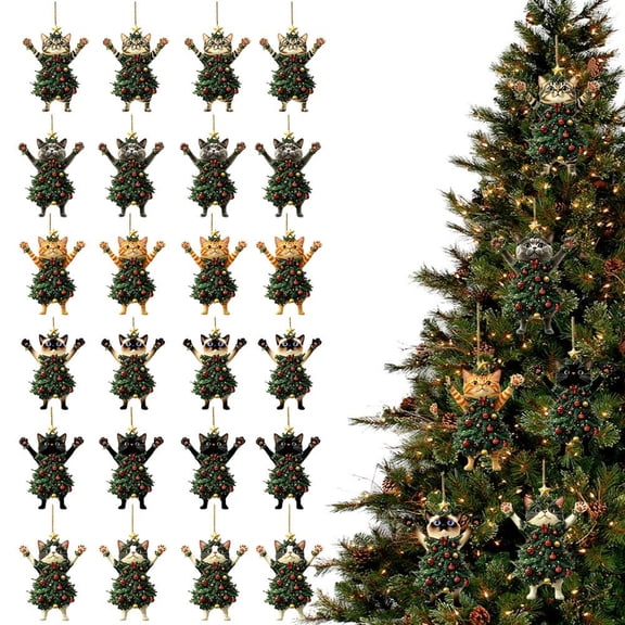 24 PCS Black Cat Tree Hanging Xmas Decor, Black of Friday 2D Wooden Hanging Decoration, Adorable Cat Dressed as a Christmas Tree, Wearing Christmas Trees Dress Cats Ornament for Cats Lovers