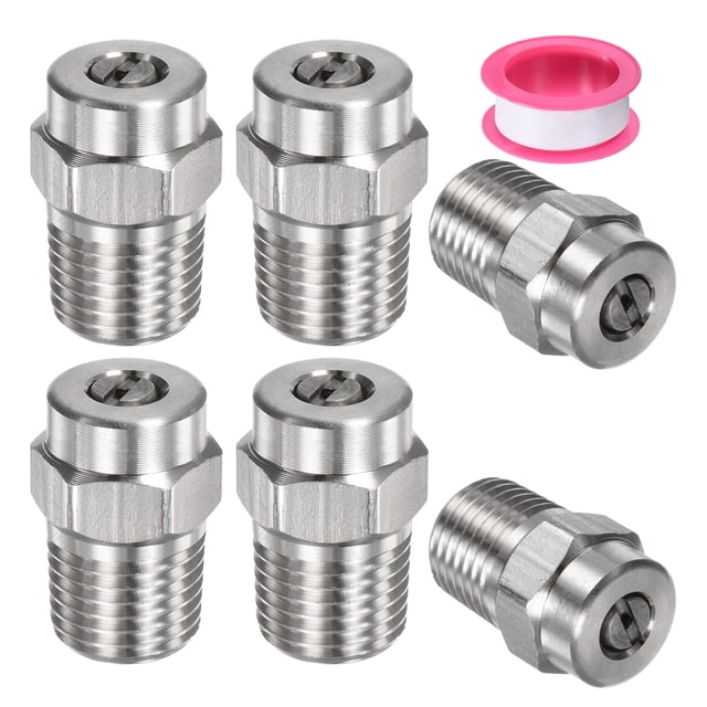 Uxcell 6 Paquete de Puntas de Limpieza de Superficie - 25 Grados 1/4" NPT Macho Boquillas de Lavadora a Presión, Acero Inoxidable con Cinta de Sellado (Orificio de 1.449 mm)