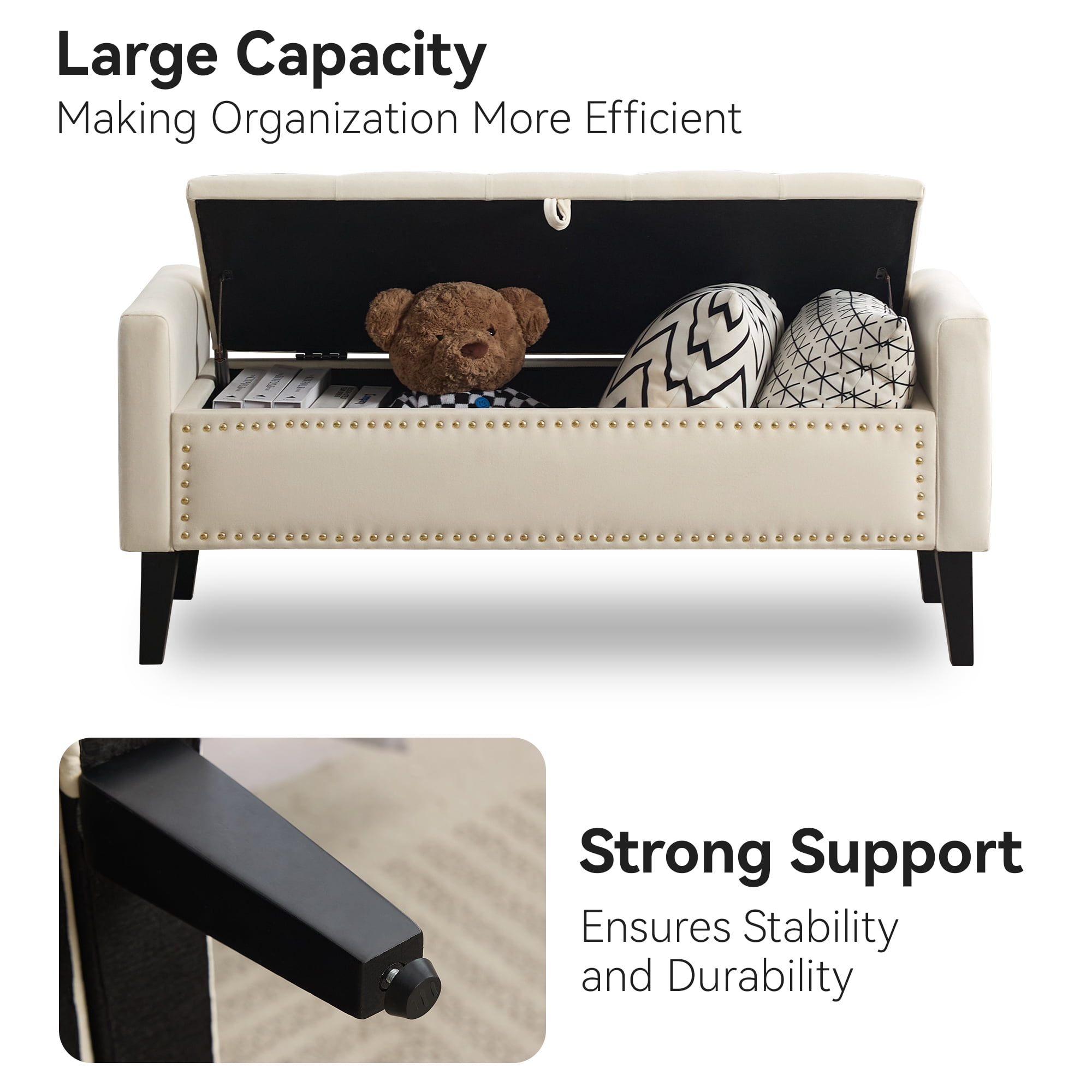 Velvet Storage Bench, Upholstered Bed Bench with Storage, End of Bed Ottoman with Wooden Legs,Bedside Storage Bench for Bedroom, Living Room, or Entryway, Beige