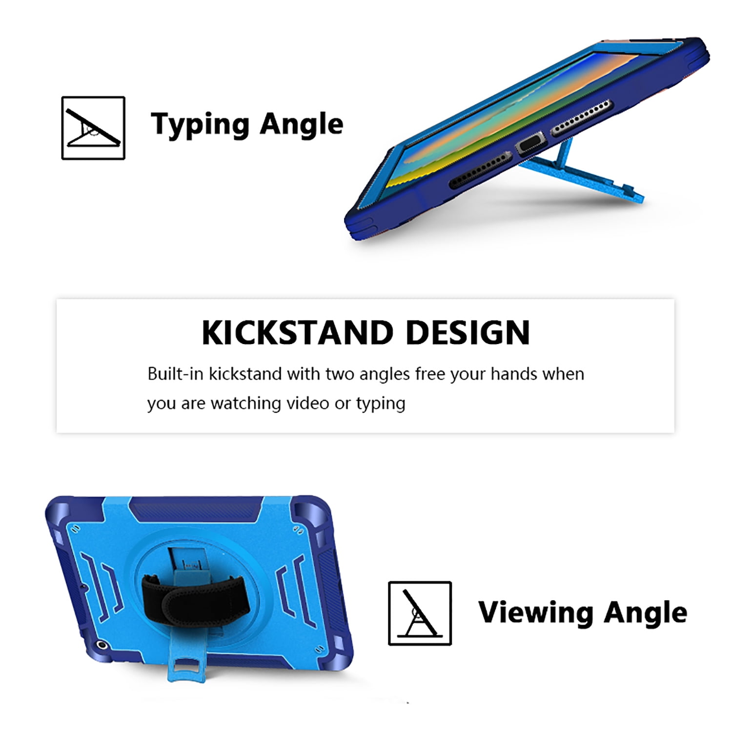 Shockproof Case for Apple iPad 9th/8th/7th Generation, with Pencil Holder Military Grade Protection Rotating Stand Hand Strap Shoulder Strap Bumper Rugged Case for iPad 10.2" 2021/2020/2019, Blue