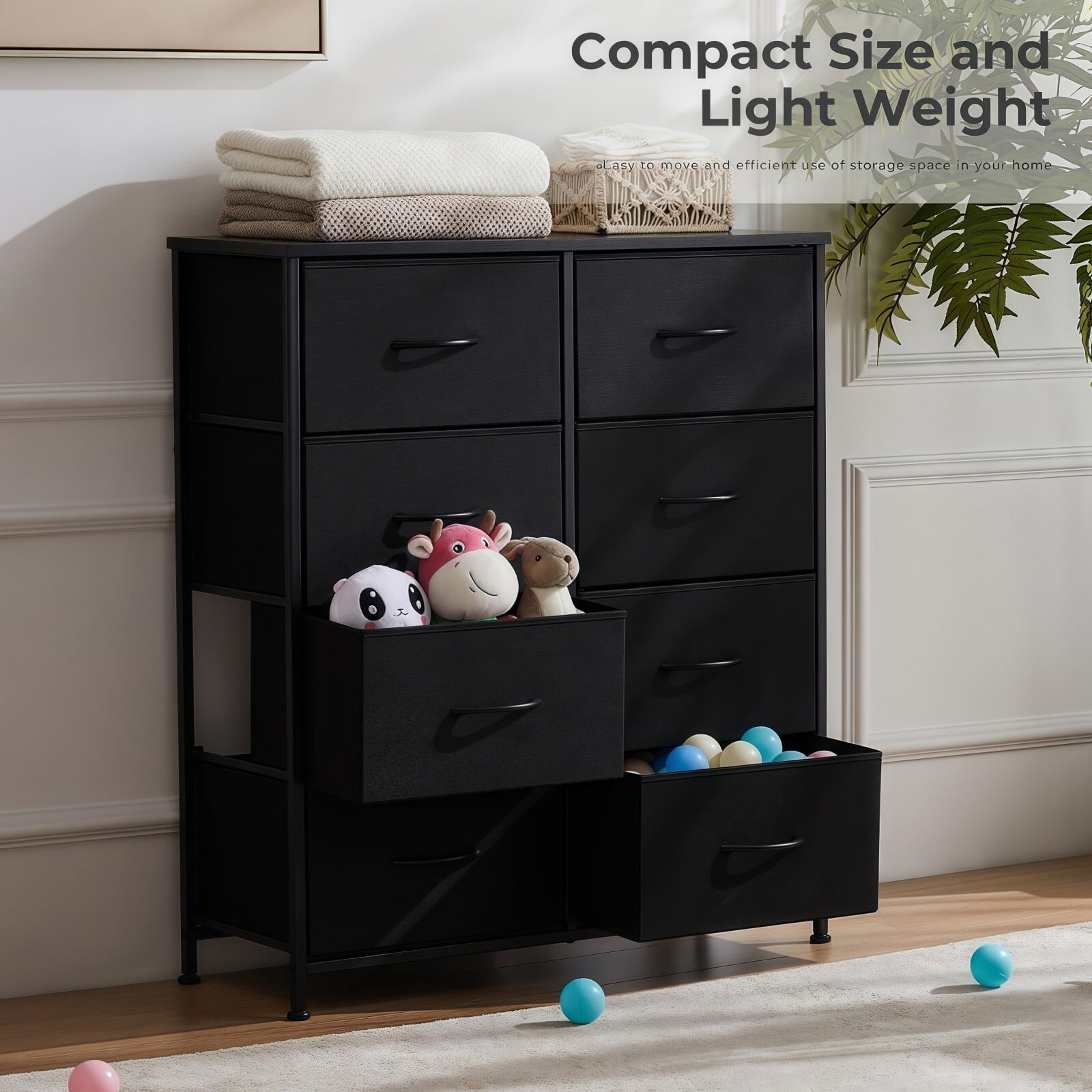 BEAUTYPEAK 8 Drawer Fabric Dresser Bedroom Storage Chest with Wood Top Adjustable Feet, Black