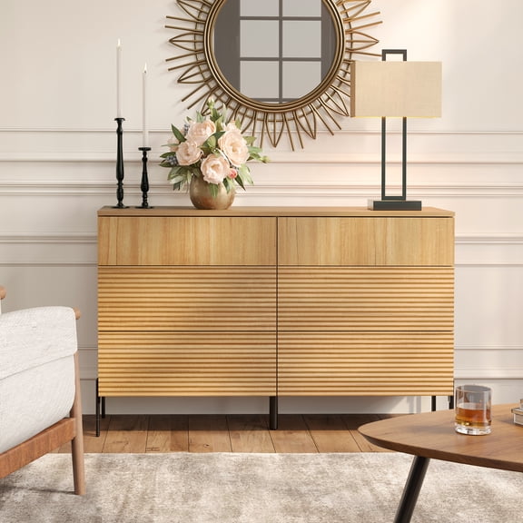 WAMPAT 47.2" Wood Accent Cabinet with Drawers, Modern Credenza Storage Cabinet with Minimalist Reeded Design for Living Room, Kitchen, Dining Room, Hallway