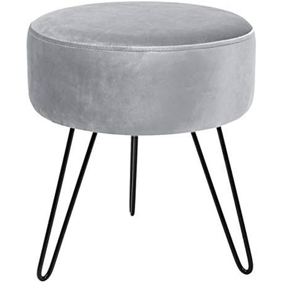 ® Velvet Footrest Stool, Round Mid-Century Modern Luxe Velvet Ottoman, Footstool Side Table, Removable Metal Leg Design (Gray)