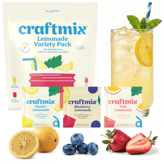 Craftmix Lemonade Variety Mix, 12 Packets, Easy Powder Drink with Real Fruit, Low-Sugar, Vegan, Low-Carb, Non-GMO, Dairy-Free, Gluten-Free, Flavored Water Enhancer, On-the-Go Water Flavoring Packets