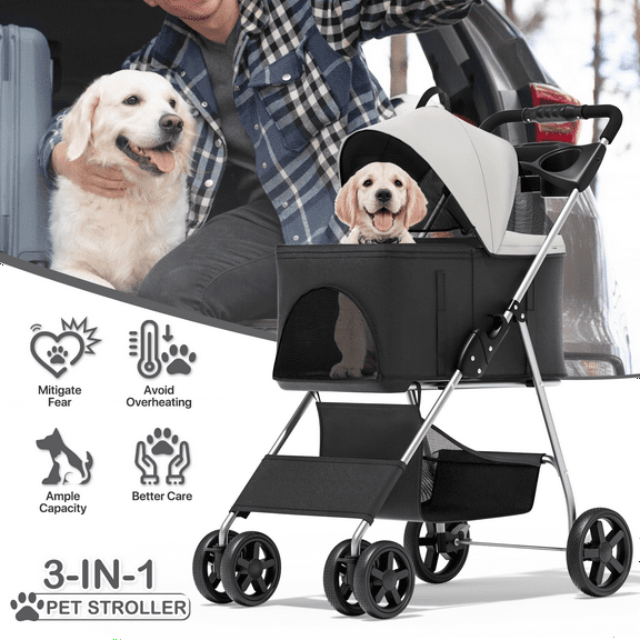 MoNiBloom 4 Wheel Foldable Dog Pet Stroller with Detachable Storage Basket, Black