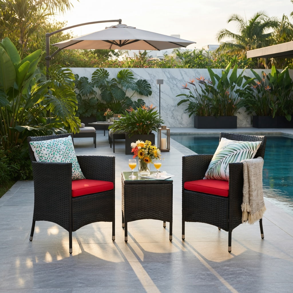 Hommoo 3-Piece Outdoor Wicker Patio Furniture Set with Cushioned Chairs & Tempered Glass Coffee Table, Red