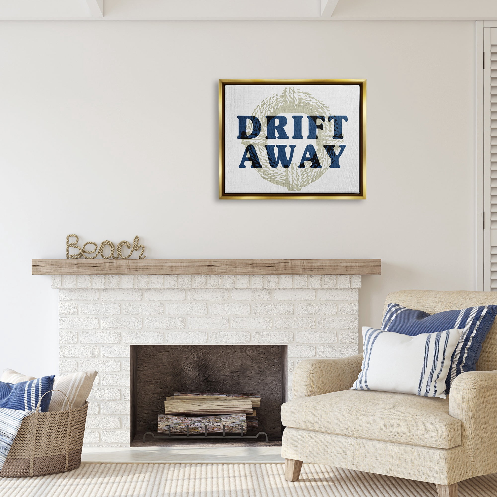 Stupell Industries Drift Away Maritime Phrase Nature Painting Gold Floater Framed Canvas Art Print Wall Art, 31 x 25
